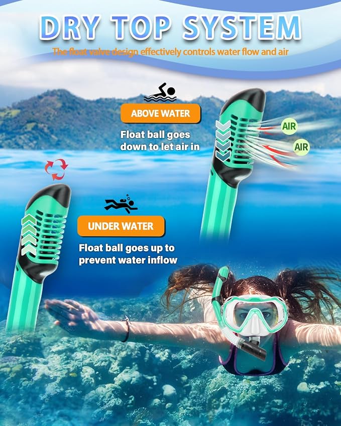 Snorkeling Gear for Adults, Adult Snorkel Set with Panoramic Anti-Leak and Anti-Fog Tempered Glass Snorkel Mask, Dry Top Snorkel, Snorkle Mask Set Adult with Mesh Bag Ear Plug for Snorkeling