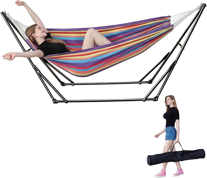 Portable Hammock with Stand for Outside Foldable,Frabic Tension Adjustable Indoor,Carrying Bag Included, 616 lbs Weight Capacity, Suitable Garden Yard Outdoor Inhouse Multicolour