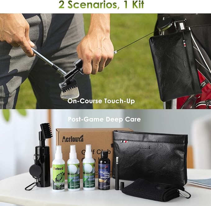 7-in-1 Golf Club Cleaning Kit - Club Cleaner, Grip Cleaner, Polish, Water-Spray Brush, Groove Cleaner, Magnetic Towel & Portable Bag | Restores Clubs, Removes Rust/Scratches, Renews Tackiness