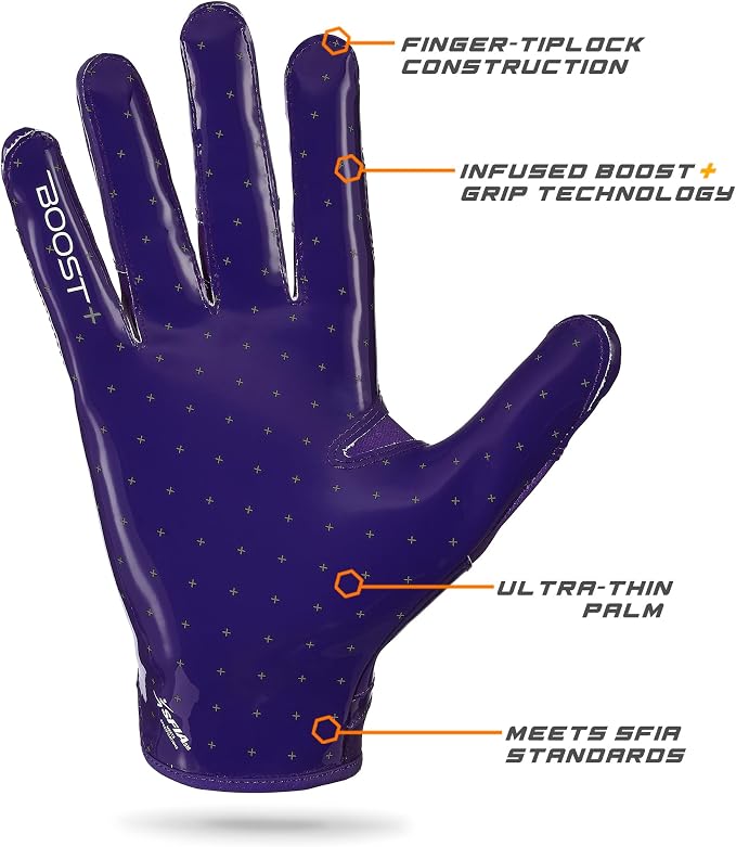 Grip Boost Football Gloves - Solid Stealth 6.0 Boost Plus Sticky Technology - Adult and Youth Football Gloves for Wide Receiver - Men's and Boys Sizes