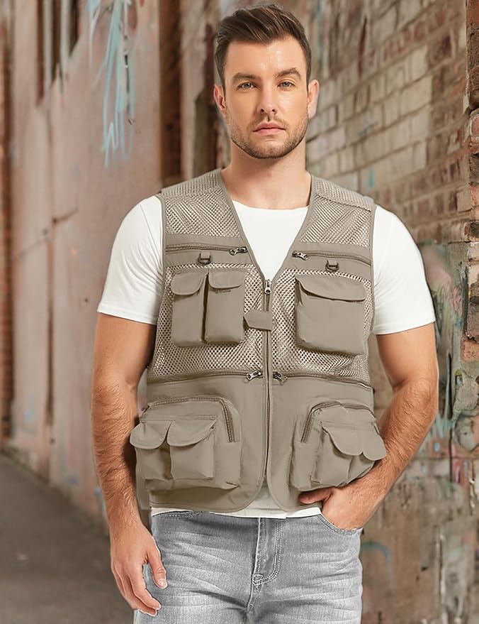 Flygo Men's Fishing Vest Utility Lightweight Outdoor Travel Safari Photo Cargo Vest with 16 Pockets
