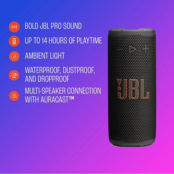 JBL Grip - Compact Bluetooth Speaker with Bold Pro Sound and Ambient Light, up to 14 Hours of Playtime, Water, Dust and Drop-Proof (IP68), & Multi-Speaker Connection with Auracast™ (Pink)