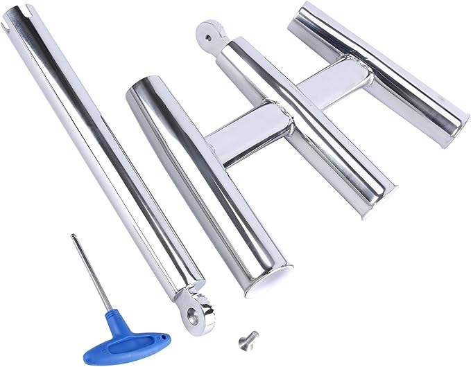 Amarine-made 3 Tube Silver Highly Polished Stainless Steel Trident Outrigger Stylish Rod Holder - Triple Rod Holder , Kite Fishing Mount 3-Rod Holder (Size B)
