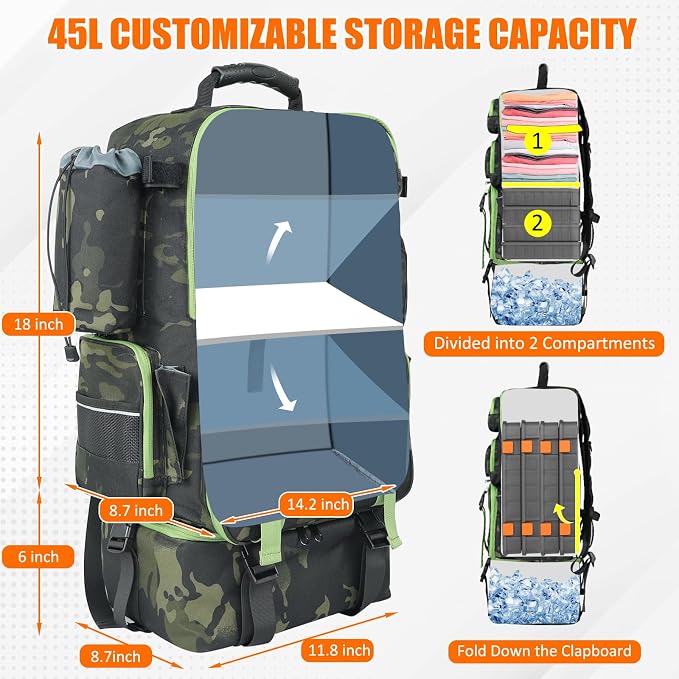 AYAMAYA Fishing Backpack with Cooler, 45L Tackle Backpack with Rod Holders & Insulated Lunch Bag, Large Outdoor Fishing Bag for 4 Tackle Boxes & Gears