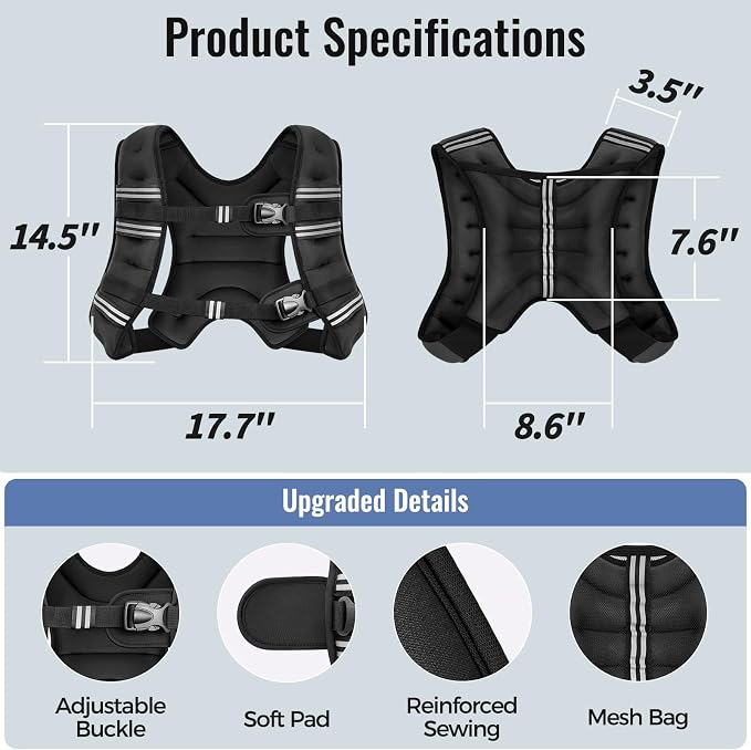 Zeerun Weighted Vest, 6lb/8lb/10lb/12lb/15lb/18lb/20lb/24lb/30lb for Men Women, Reflective Stripe Adjustable Buckle, Comfortable Durable Rucking Vest for Walking Running Strength Training