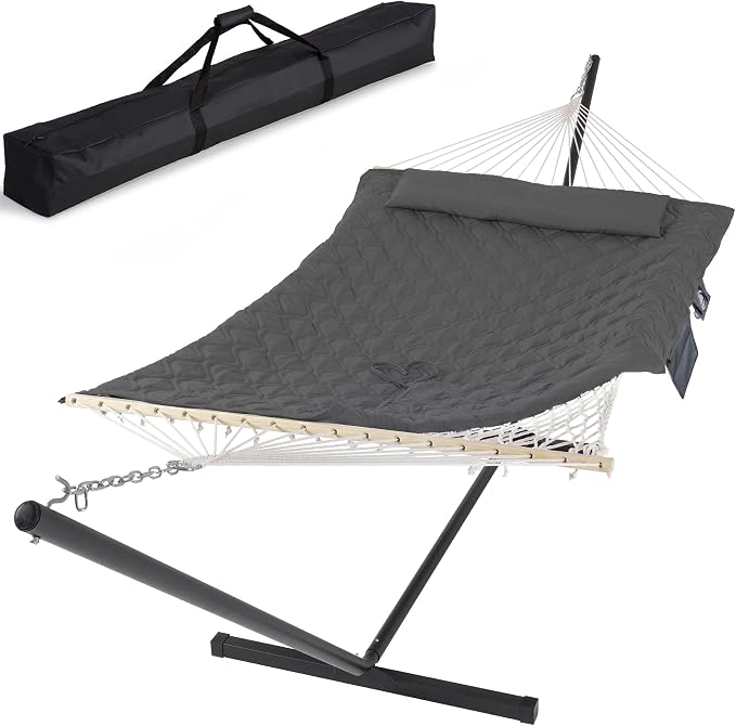 SUNCREAT Hammocks for Outside with Stand, Extra Large 2 Person Hammock with Stand, Carrying Bag, Dark Gray Drops
