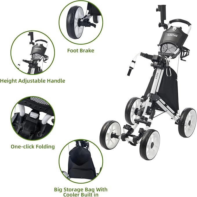 FLAGTAG Golf Push Cart 4-Wheels,Folding Golf Cart, Golf Pull cart with Cup Holder,Umbrella Holder,Cooler Bag, Foldable with one-Click,Handle Height Adjustable,Drink Holder,Walking Push cart