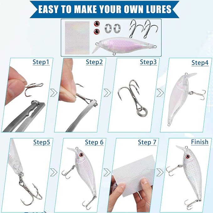 Unpainted Fishing Lures Making Kit DIY Blank Lures Crankbaits Minnow Jerkbait Hard Bait Set with Treble Hooks, Split Rings, Lure Eyes Lure Making Supplies Make Your Own Fishing Lures