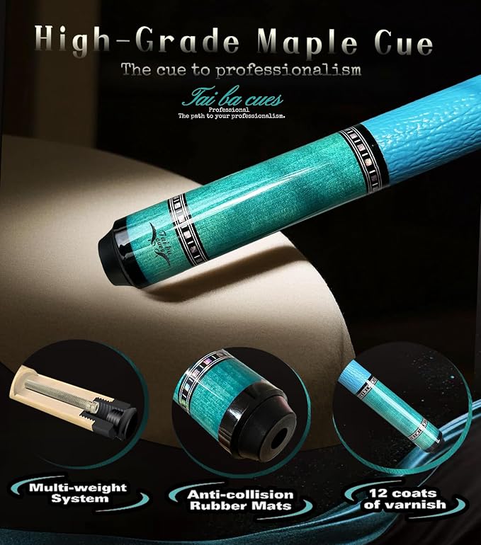 Tai ba cues 2-Piece Pool cue Stick with Case, Genuine Leather Grip, 13mm Tip, 58", 3/8 * 8 Pin Joint, Hardwood Canadian Maple Professional Billiard Cue Stick 19, 20, 21 Oz, Pink, Blue, Green, Orange