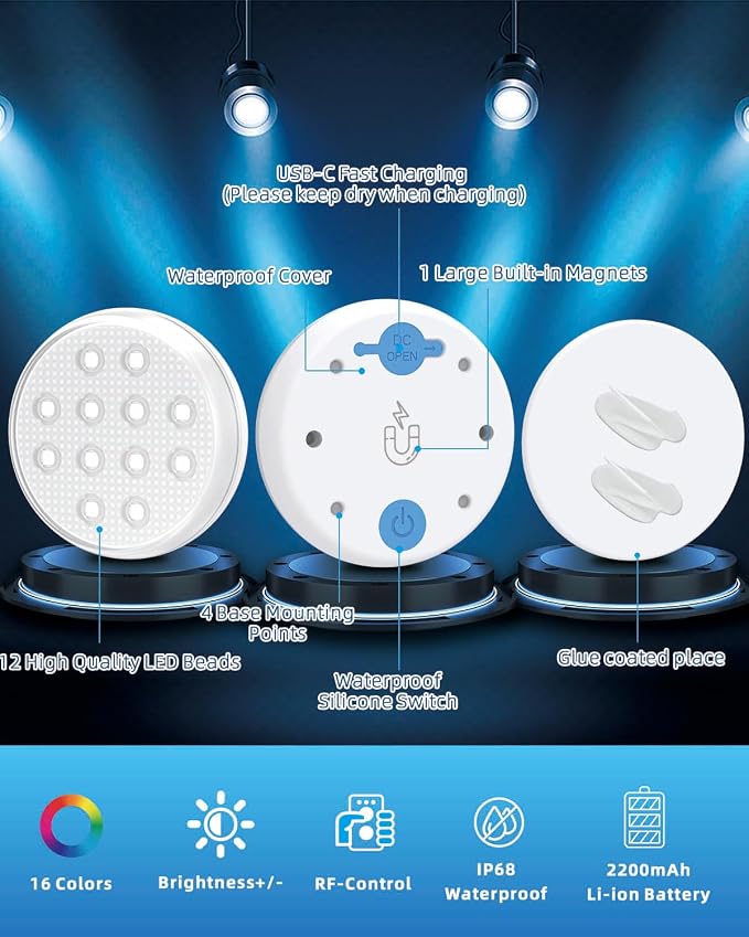 Pool Lights, Rechargeable Submersible LED Lights with Remote, IP68 Waterproof 16 Color Changing Floating Lights, Built-in Magnet Underwater Lights for Fountain, Pond, Aquarium(4 Pack)