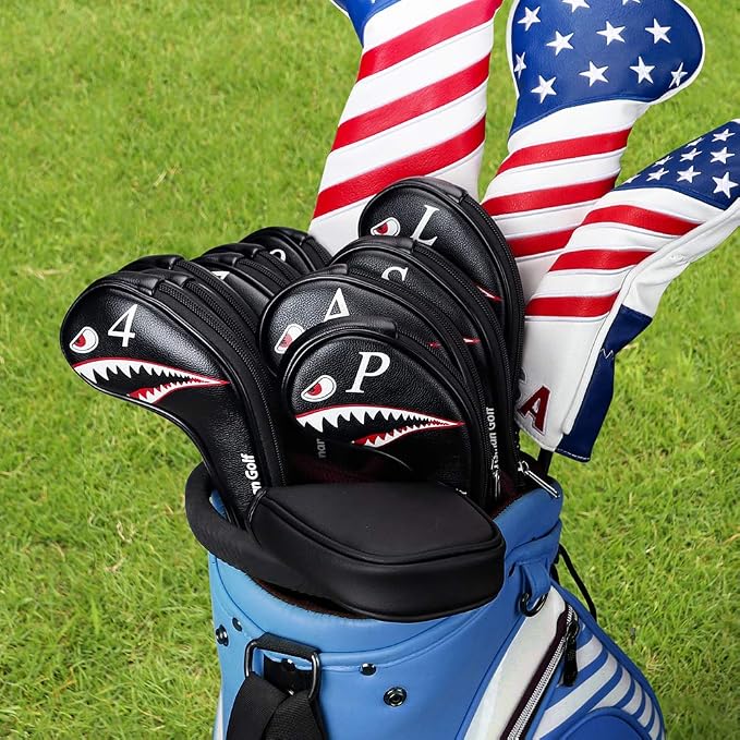 10pcs/Set Shark Golf Club Iron Head Covers Headcover with No. on Both Sides Suitable for Right and Left Handed Golfer Zipper Closure
