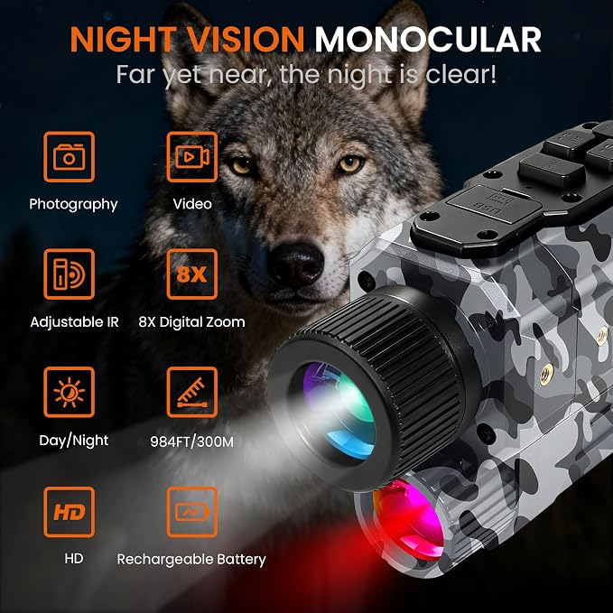 BIBIRE Night Vision Monocular, Head Mounted Night Vision Monocular 8X Digital Infrared NVG with 32GB SD Card for Surveillance Camping Observation