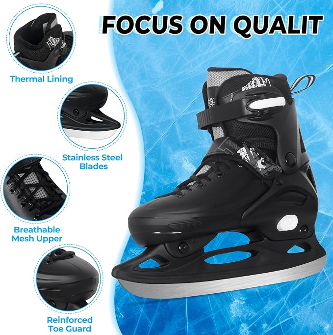 Nattork Ice Skates 4 Sizes Adjustable for Kids Boys Girls, Fun Beginner Ice Skating for Outdoor, Soft and Comfortable Hard Protection for Children Youths Teen
