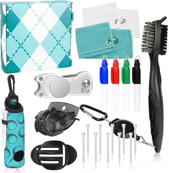 Golf Accessories Kit Golf Club Cleaning Kit Club Groove Cleaner Brush Divot Repair Tool Golf Towel with Clip Ball Bag with Hook Ball Alignment Kit Marking Pen Golf Gift Set Women