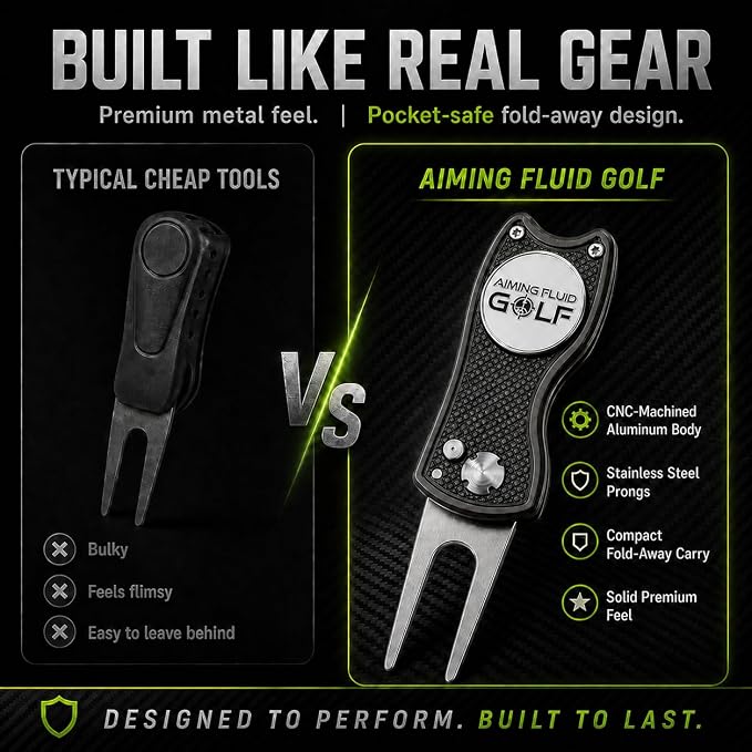 Golf Divot Repair Tool — 5-in-1 Golfing Ball Marker, Pitch Mark Repair, Putting Alignment, Club Tee, and Groove Cleaner, Accessory Metal Switchblade Design - Ideal Gift for Golfers
