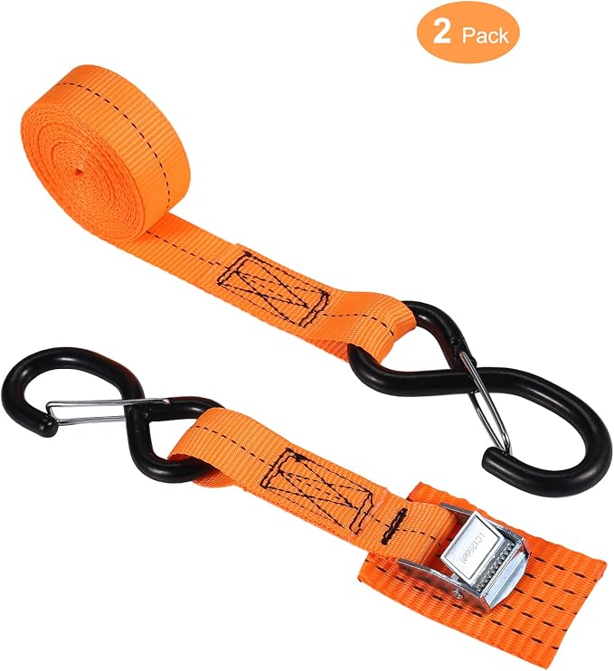 Upgraded 1'' x 8' Tie Down Straps, Cargo Roof Rack Strap Cam Buckle with Hooks, Heavy Duty Secure Strap, Orange - Pack of 2