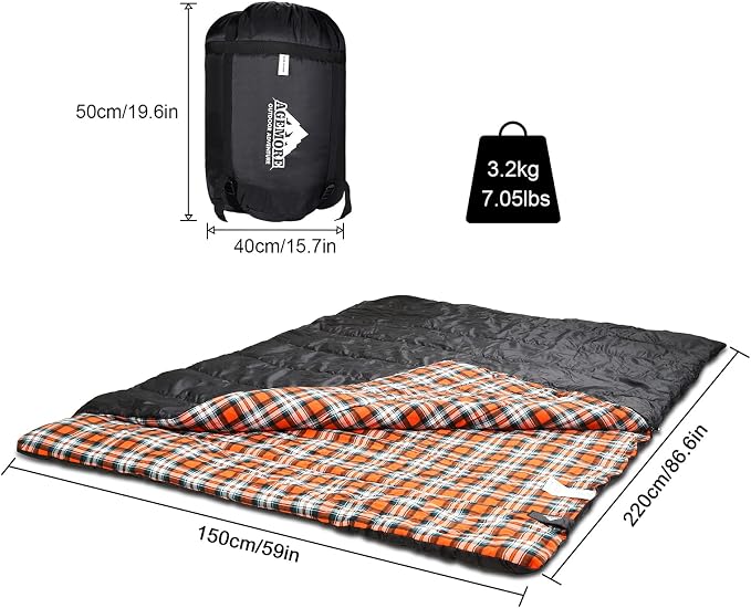 Cotton Flannel Double Sleeping Bag for Camping, Backpacking Or Hiking. Queen Size 2 Person Waterproof Sleeping Bag for Adults Or Teens. Lightweight with Compression Sack