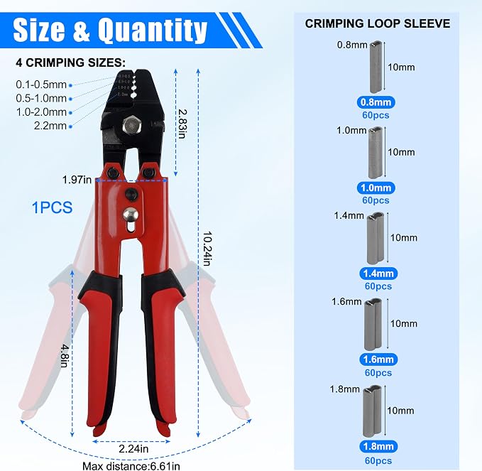 Fishing Crimping Tool Kit Wire Crimping Tool Stainless Steel Fishing Crimping Pliers with 300pcs Aluminum Crimp Sleeves Kit Effort-Saving Wire Crimper Tool, 4 Size Crimp Sleeves Fishing Tackle Pliers