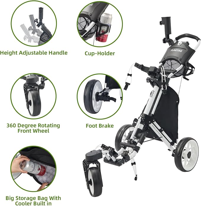 FLAGTAG Golf Push Cart 3 Wheel with 360 Swivel Front Wheel,Lightweight and Foldable Walking Golf Cart，One-Click Foldable,with Foot Brake