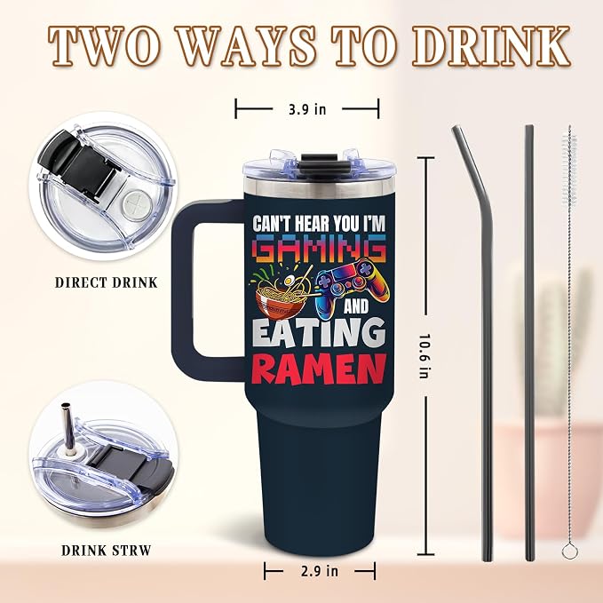 DUUV Gaming Tumbler 40oz, Insulated Gaming Gifts for Gamer | Dark Blue Gamer Tumbler Leakproof, Game Controller Gift for Man Boys, Can’t Hear You I’m Gaming and Eating Ramen, 1 Pack