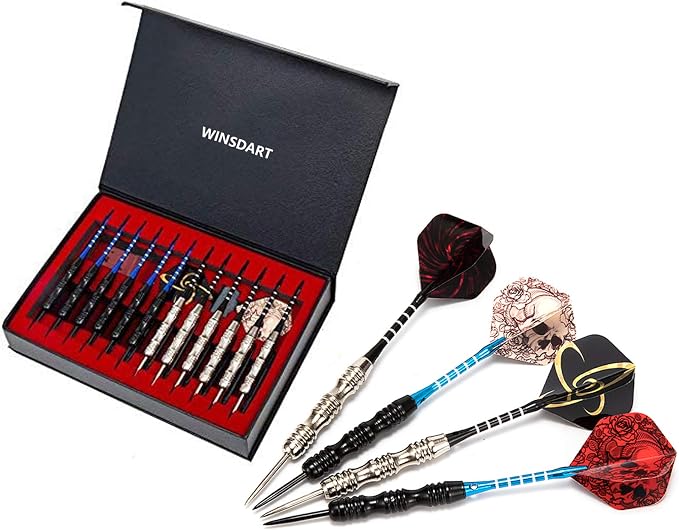 WINSDART Darts Metal Tip Set Professional Metal Darts for Dartboard Steel Tip Darts with Nonslip Iron Barrel Aluminum Dart Shafts,Extra Flights,Dart Sharpener,Gift Box