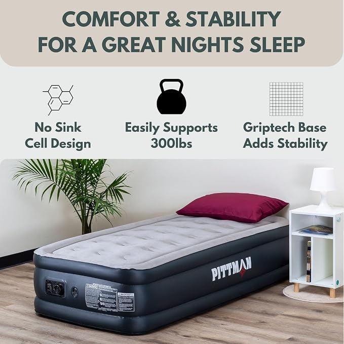 Pittman - Air Mattress Twin with Built in Pump - Black 18" Double High Twin Air Mattress with Built in Pump that Inflates & Deflates - Blow Up Mattress is Ideal for Guests or Camping