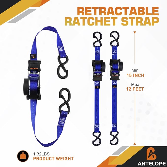 Retractable Ratchet Straps(4 PK), 1" x 12 ft Auto Retract Tie Downs, Automaitc Ratchet Straps,1500lb Break Strength AutoRetract Self Retracting for Motorcycle, Truck, Cargo, Trailer, ATV, UTV -Blue