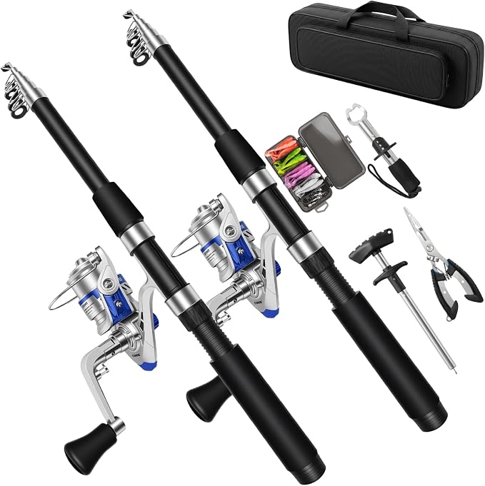 2.1M Telescopic Fishing Rod and Reel Combo Kit for Beginner Anglers, 2PCS Collapsible Fishing Poles + 2PCS Spinning Reels with Fishing Accessories Portable Fishing Gear Set for Saltwater Freshwater