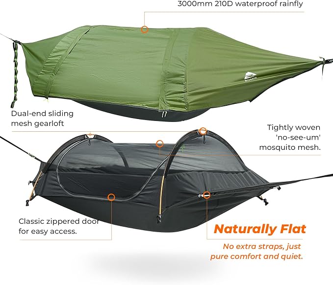 Flat Lay Camping Hammock Tent with Mosquito Net & RainFly, 3 in 1 Waterproof Lightweight Portable Sleeping Hammock Bug, Travel Outdoor Gear with Tree Strap Swing, for Hiking Patio Expedition