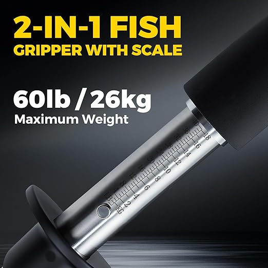 2-in-1 Fish Lip Gripper, 15.8" Stainless Steel Fish Gripper with Scale, 60lb Weighing Fish Grabber, 360° Non-Slip Swivel Handle, Tool for Saltwater & Freshwater