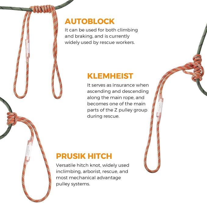 10mm Nylon Prusik Cord Pre-Sewn 24in Prusik Loop，22kN (4950lb) Sewn Eye-to-Eye Utility Cord for Arborist Tree Work, Rescue, Rappelling & Aerial Operations