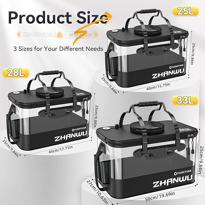 Fishing Bucket Foldable, 6Gallon/10Gallon Live Bait Bucket,Thickened EVA Transparent Lid Live Fish Container with Aeration Hole, Live Bait Bucket for Camping, Fishing Day(Black)