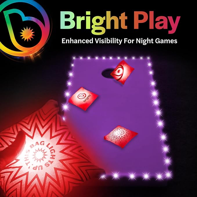 Brightz Cornhole Board Edge Lights with LED Bags - Includes 4-Pack of LED Cornhole Bags + TossBrightz Cornhole Board Edge Lights - The Ultimate Night Time Cornhole Master Set