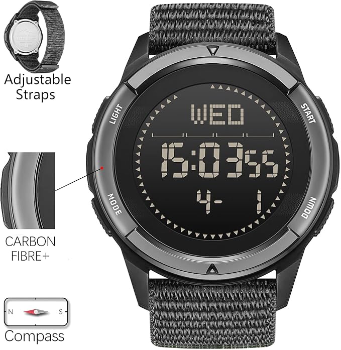 DIDITIME Tactical Watches for Men, Military Watches for Men, Waterproof 164FT, Fitness Watch, Mens Digital Watches with Compass, Metronome, Pedometer, Lightweight Breathable Nylon Watch