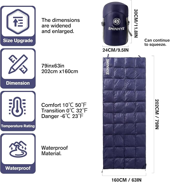 ShinHye Ultralight Adult Sleeping Bag 500g Premium Duck Down - Waterproof & Compressible 3-Season Camping/Backpacking 40-59℉ with Compression Sack(Navy)