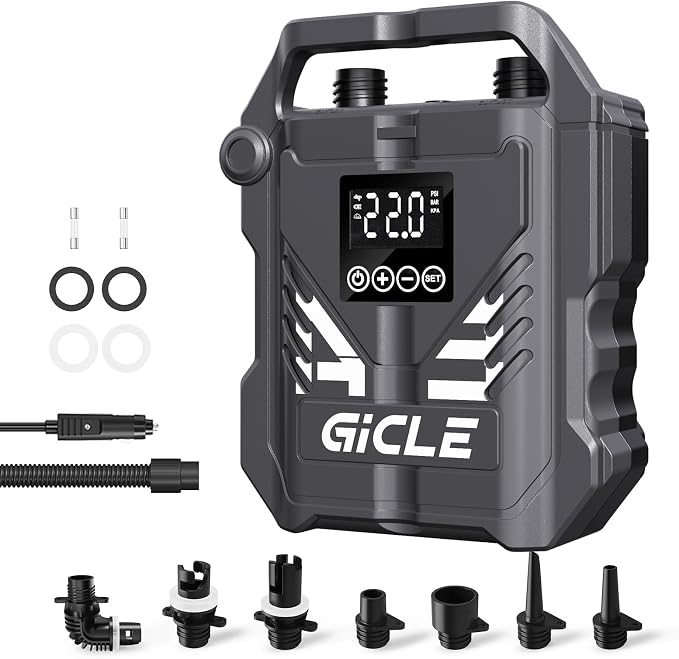 GICLE Paddle Board Pump Electric Portable with 12V DC Car Connector,22PSI Electric SUP Pump for Inflatebles Paddleboard,Bed,Mattress with Dual Stage Inflation and Boat Accessories