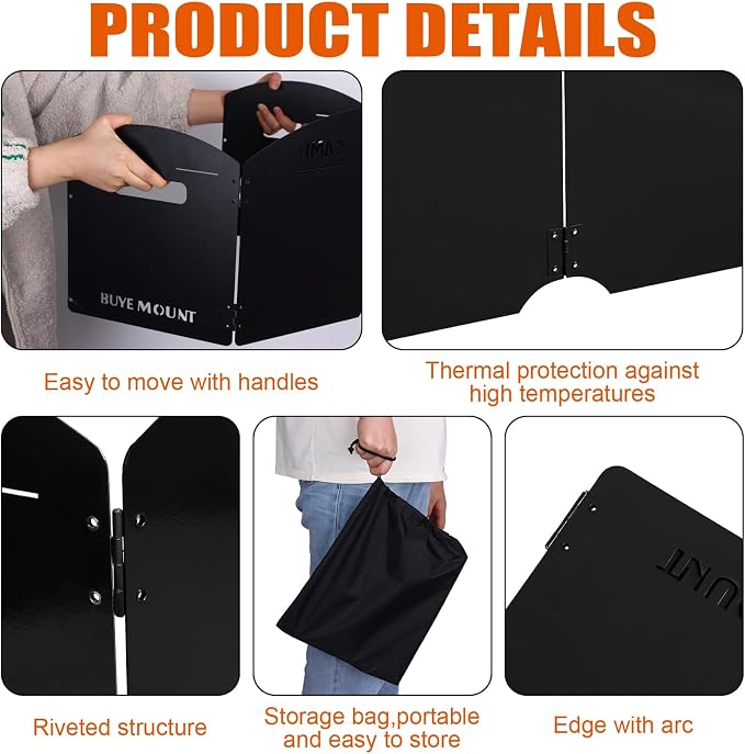 Black Camping Stove Windscreen 4 Plates Steel Camp Stove Windscreen Folding Outdoor Picnic Cooker Stove Wind Screen Windshield with Drawstring Bag for Camping, Hiking, Picnic, Backpacking, Cooking