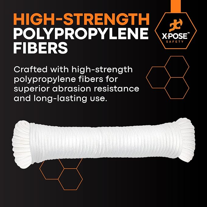 Xpose Safety Diamond Braided Clothesline Rope 8/32" x 100 ft, White Polypropylene Heavy Duty Braided Cord for Clothesline, Camping, Tents, Flagpole, Hoist, Pulley & Outdoor Use, 1 Pack
