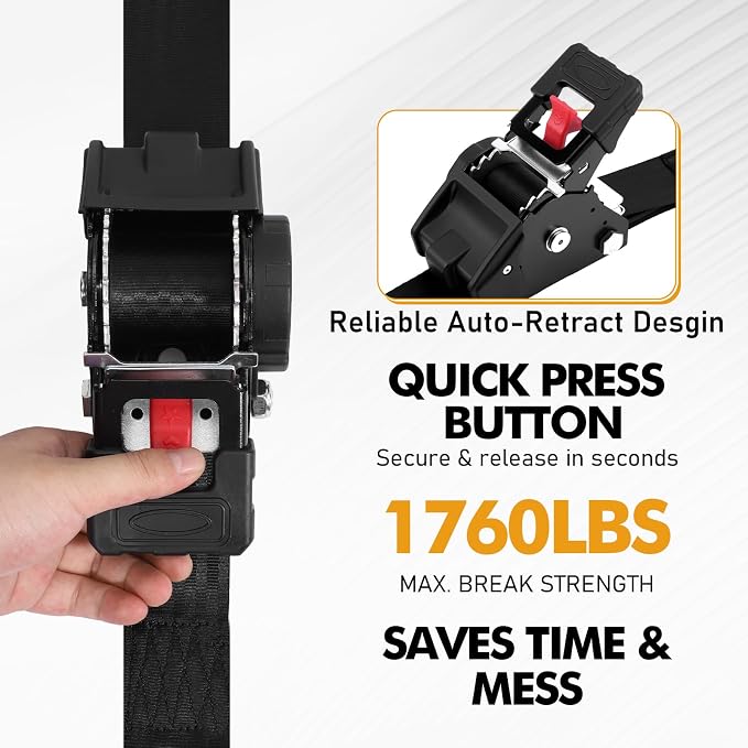 LEVELEVE Retractable Ratchet Tie Down Straps (1" x 10FT, 2-Pack, Black) - Heavy Duty 1760LBS Break Strength Quick-Lock, Weather Resistant for Moving, Cargo, Trucks & Boats