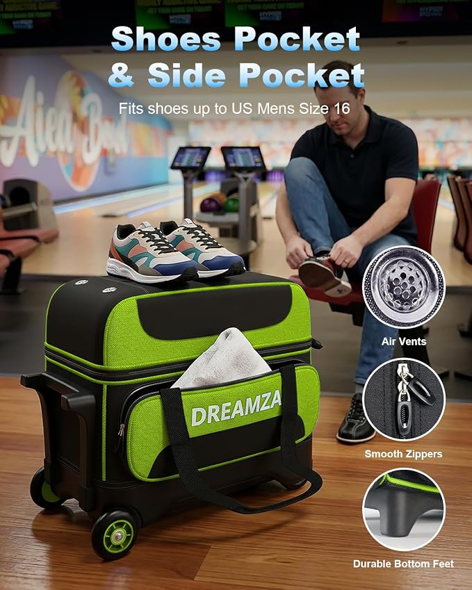 2 Ball Bowling Bag with Wheels, Double Bowling Ball Bag 2 Ball Roller w/Separate Compartment for Shoes Up to US Mens Size 16, w/Retractable Handle Extends to 40" & Accessories Pocket