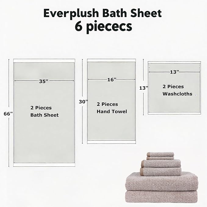 Everplush Diamond Collection 6-Piece Bath Sheet Towel Set, Soft Plush Jacquard Luxury Bath Towels,Highly Absorbent & Fast-Drying Luxury Towels Sets for Bathroom,Shower, or Spa(Brown, Bath Sheet 6PK)