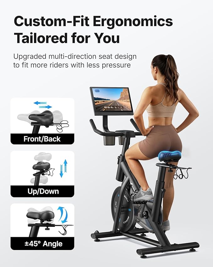 Merach Exercise Bike, Magnetic Friction Stationary Bike with Brake Pad and Exclusive App, Low Noise Indoor Cycling Bike with 300lbs Weight Capacity, Tablet Mount and Fitness Courses for Weight Loss