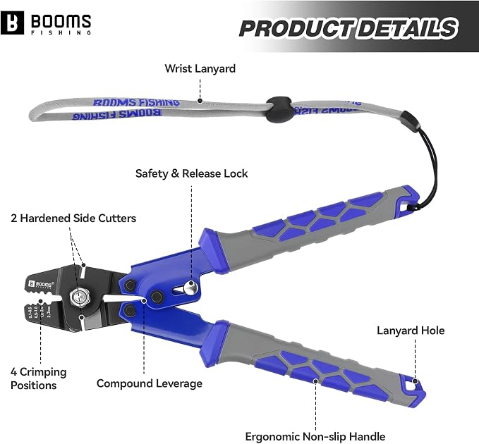 Booms Fishing Crimping Tool Kit: 10.6in Fishing Crimping Pliers with 140pcs Double Barrel Sleeves - Up to 2.2mm Crimper, XW40