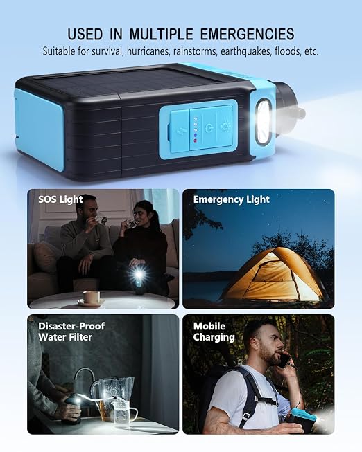 BKLES 3-in-1 Solar Electric Water Filter with Hand Pump - Camping Water Filtration System Survival, Portable Water Purifier with Emergency Light, Survival Kit for Backpacking, Gifts for Father's Day