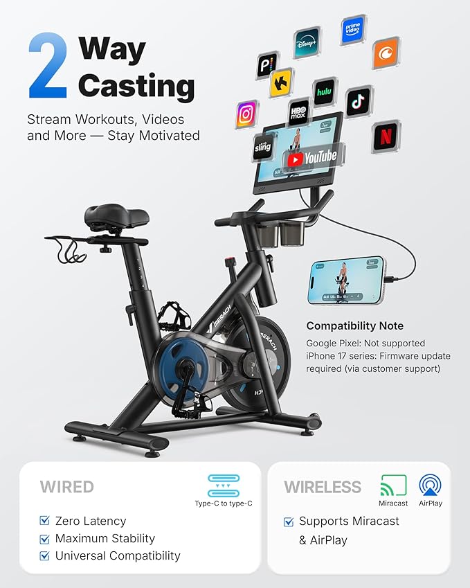 Merach Exercise Bike, Magnetic Friction Stationary Bike with Brake Pad and Exclusive App, Low Noise Indoor Cycling Bike with 300lbs Weight Capacity, Tablet Mount and Fitness Courses for Weight Loss