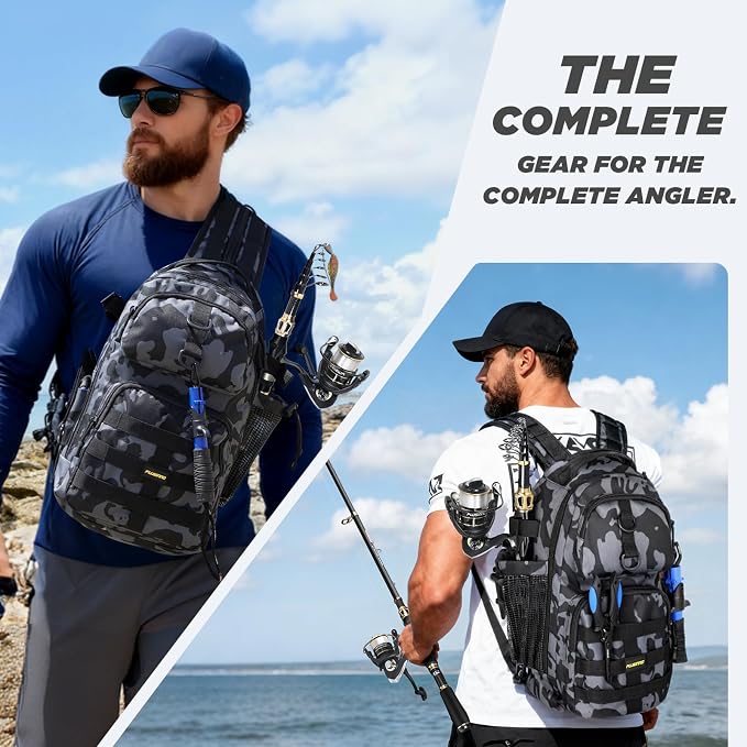 PLUSINNO Fishing Backpack with Fishing Rod and Reel Combos Tackle Boxes, Waterproof Tackle Backpack for Fishg Gear with Rod Holder, Fish Gifts for Men with Tool Kit