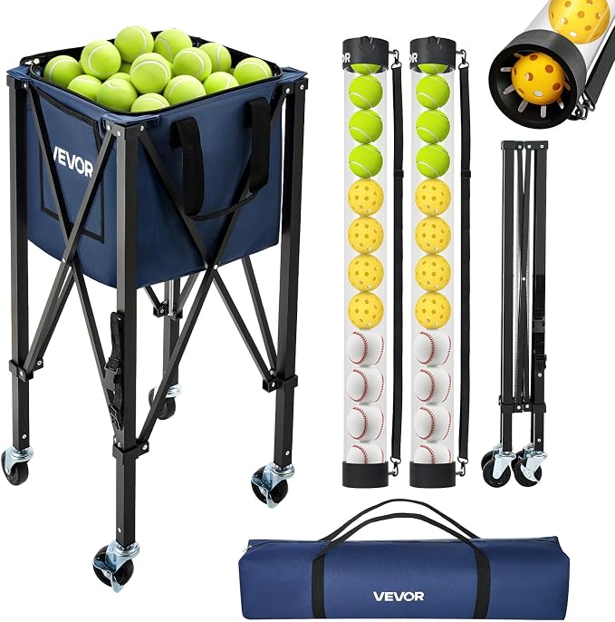 VEVOR Tennis & Pickleball Hopper Holds 200/175/150/120 Balls, 3-in-1 Tennis Foldable Pickleball Basket Cart for Easy Installation, Storage Bag for Tennis Training & Teaching