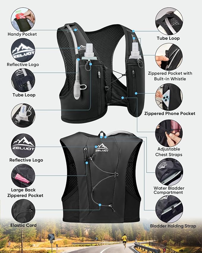 Zelvot Running Vest for Women Men, Lightweight Hydration Backpack with 2L Water Bladder, USA Original Patent, Adjustable Reflective Running Hydration Vest for Marathon Hiking Cycling