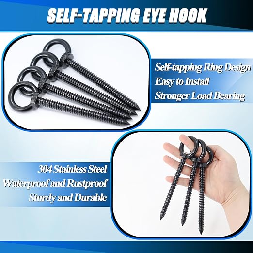 OHIYO 6.3 Inch Heavy Duty Eye Hooks M10 Self Tapping Eyelet Screw Load Capacity 850 LBS Heavy Duty Screw in Eye Hooks for Hammock Stand, Swing Chair, Yoga, Heavy Indoor & Outdoor Uses (Black)