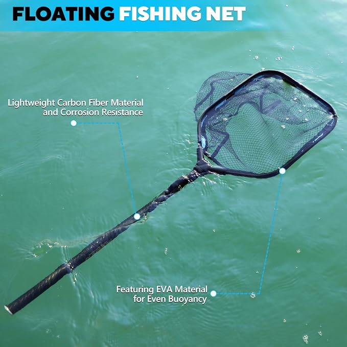 PLUSINNO Floating Fishing Net with Telescoping Handle, Carbon Fiber Ultralight Long Fish Net, Collapsible Landing Net 6.56/7.86Ft, Fishing Gear Kayak Accessories for Bass Trout Salmon